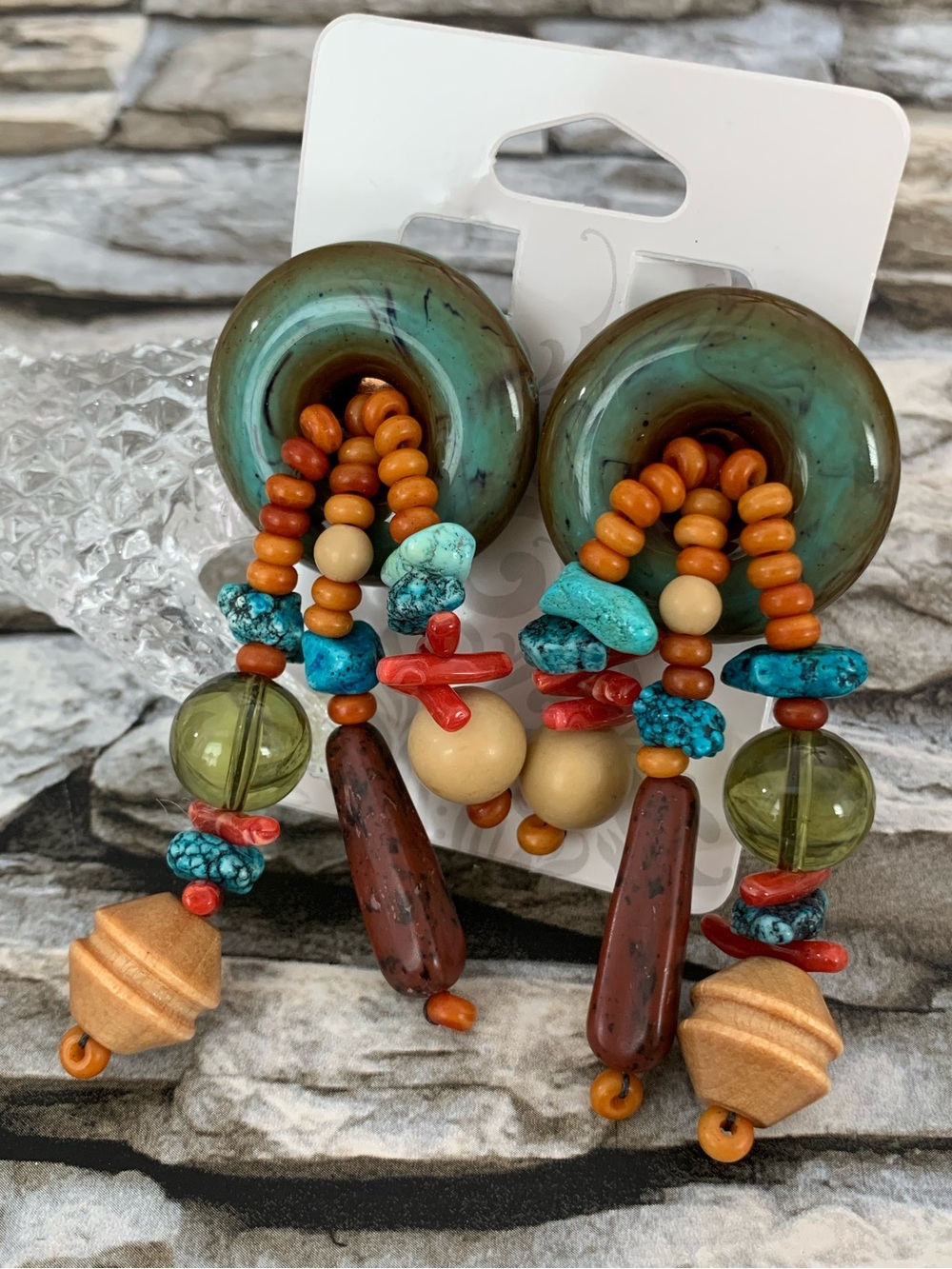 Vintage Les Bernard Signed Runway Turquoise Coral Disc Beads Statement Earrings